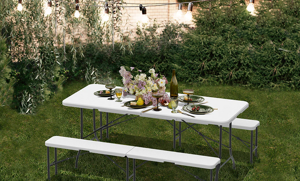 Ensemble Table Et Bancs Pliants Vounot® 180 Cm - HDPE, 8 Places, Pour Terrasse, Camping, Jardin - Blanc
