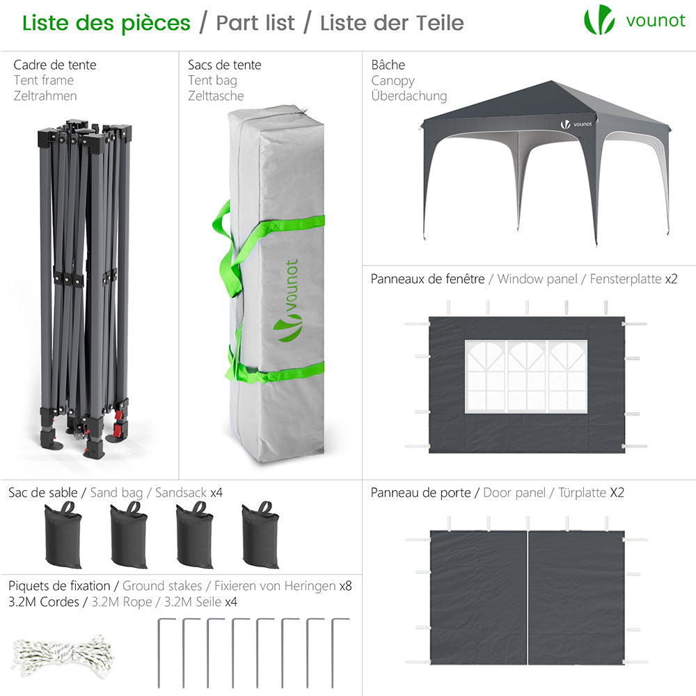 Panneaux Latéraux Tonnelle 3x3 M - Tissu Oxford 210D Imperméable - 2 Fenêtres, 2 Fermetures Éclair - Blanc