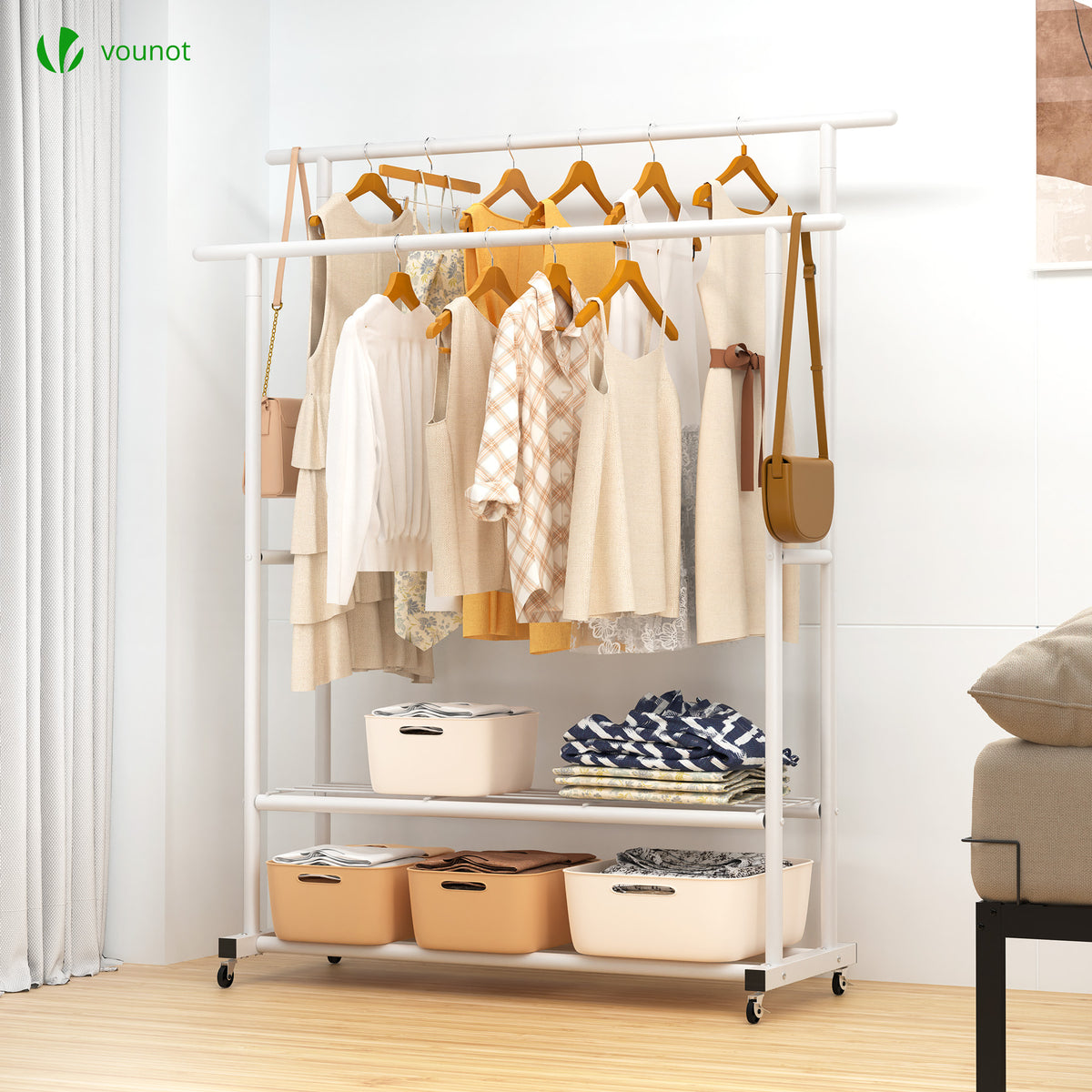 17 Stories Porte-vêtements à Roulettes, Supports à Vêtements Robustes 3 Tablettes Portatives Reglables Avec Roulettes Tringles De Suspension Et Crochets Lateraux C113651832