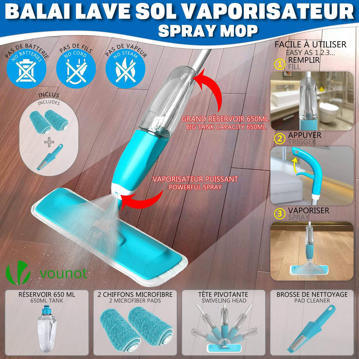 Balai Spray Mop Bleu Serpillière en microfibre avec Vaporisateur
