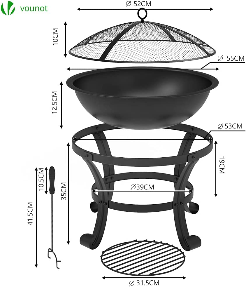 Brasero De Jardin En Métal Noir VOUNOT - 81 Cm Avec Couvercle Pare-étincelles Et Tisonnier - Idéal Pour Terrasses Et Soirées Extérieures - 9