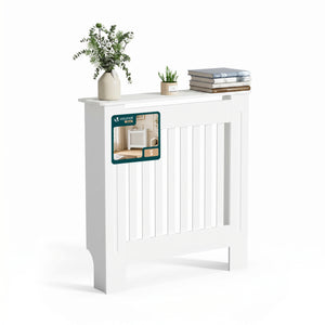Cache radiateur en MDF avec lattes et etagere 78×19×82 cm Blanc - VOUNOT FR