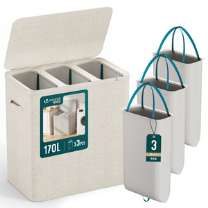 Panier a linge 3 compartiments et sacs amovibles auto ajustant avec couvercle 170L Beige - VOUNOT FR