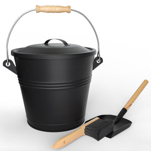 Seau à Cendres en Métal avec Couvercle Pelle et Balai à Main 5L Noir
