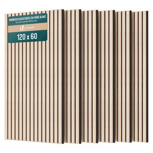 Lot de 6 panneaux acoustiques muraux Tasseaux en bois MDF avec feutre noir 120x60x2.1cm chêne blanc - VOUNOT FR