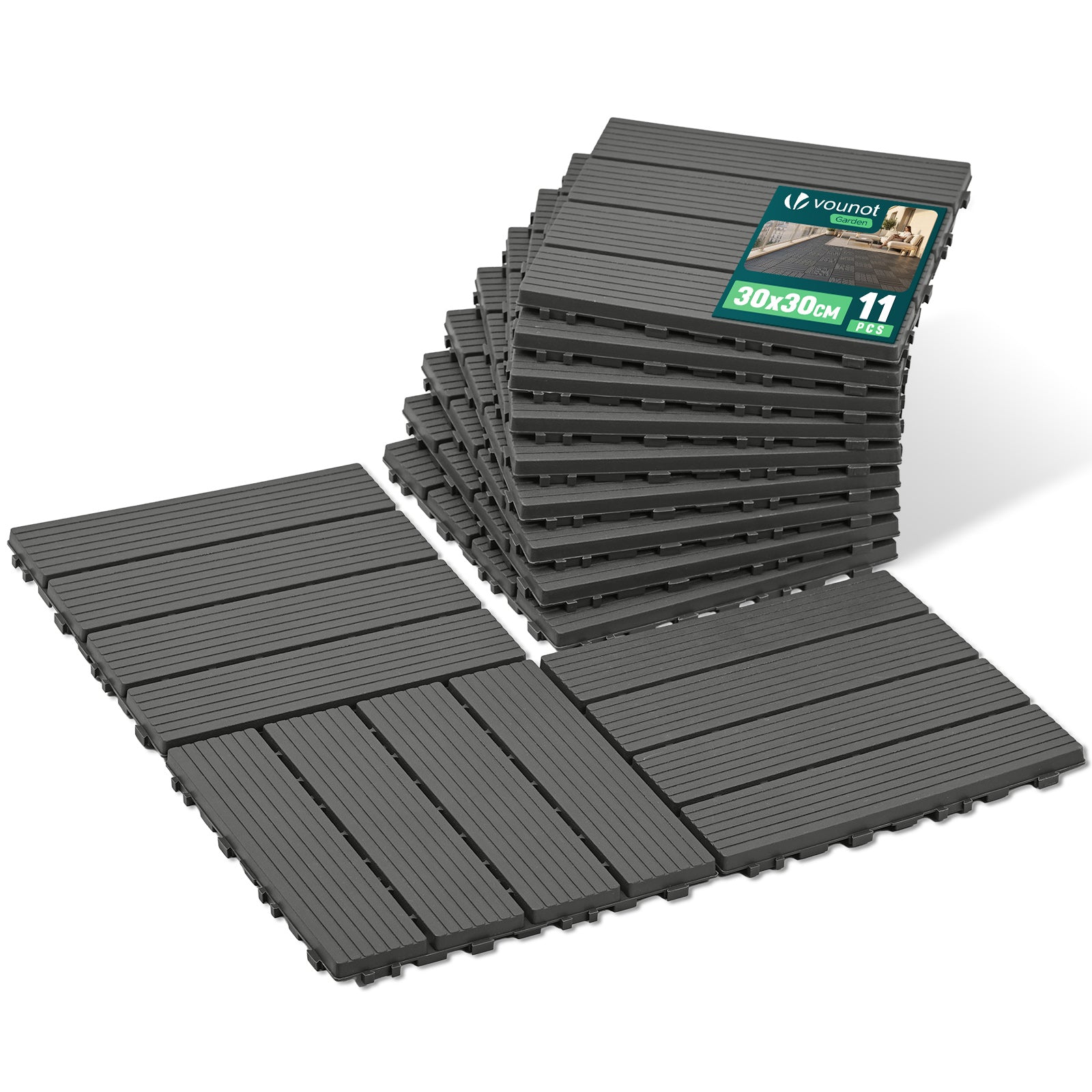 Lot de 11 dalles clipsables exterieures 30x30cm modulaire plastique anthracite - VOUNOT FR