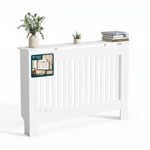 Cache radiateur en MDF avec lattes et etagere 111×19×82 cm Blanc - VOUNOT FR