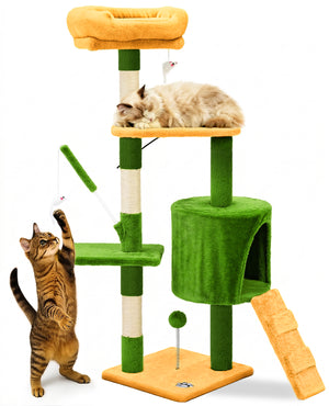 Arbre a chat 112cm multi niveaux Griffoir et niche Vert Orange - VOUNOT FR
