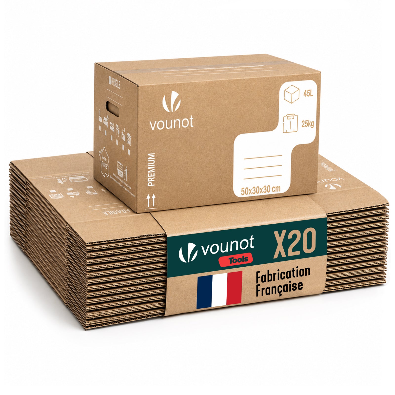 Lot de 20 cartons de demenagement stockage 45L Fabrique en France 50x30x30cm - VOUNOT FR