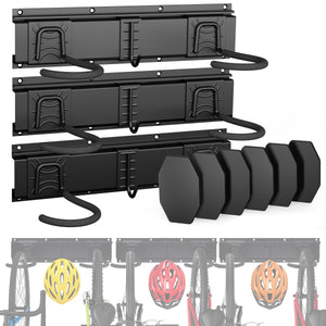 Support mural rangement pour 6 velos et 3 casques rails et crochets metal noir