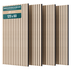 Lot de 4 panneaux acoustiques muraux Tasseaux en bois MDF avec feutre noir 120x60x2.1cm chêne blanc - VOUNOT FR