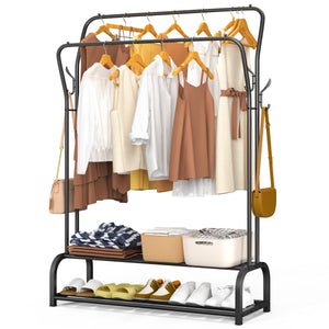 Portant a vetement double avec 2 niveaux etageres chaussures 4 Crochets Lateraux 108x35x145cm metal Noir - VOUNOT FR