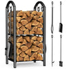 Porte buches cheminee avec 4 outils en metal noir