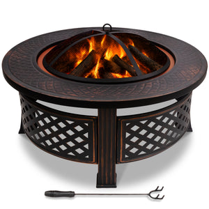 Brasero exterieur en metal avec Grille, pare-etincelles Tisonnier diametre 81cm noir