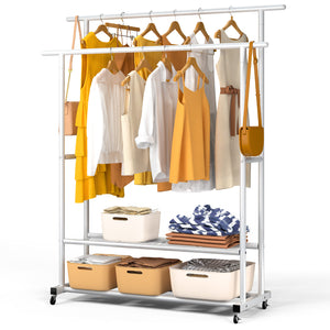Portant a Vetements double avec roulettes et 2 etageres de rangement 121x40x147cm metal Blanc - VOUNOT FR