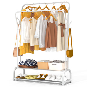 Portant a vetement double avec 2 niveaux etageres chaussures 4 Crochets Lateraux 108x35x145cm metal Blanc - VOUNOT FR