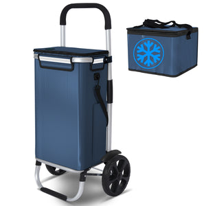 Chariot de course pliable aluminium 2 roues avec sac isotherme bleu marine