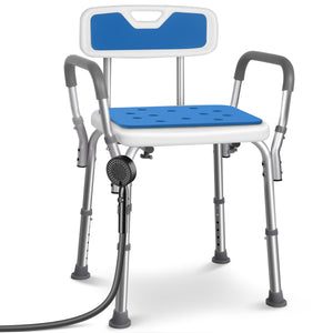 Chaise de douche avec accoudoir et dossier ergonomique a hauteur reglable en aluminum HDPE bleu