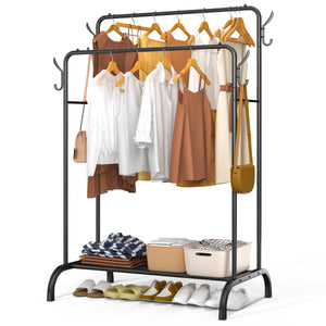 Portant a Vetements Double avec etagere Chaussures 4 Crochets Lateraux 110x58x150cm metal Noir