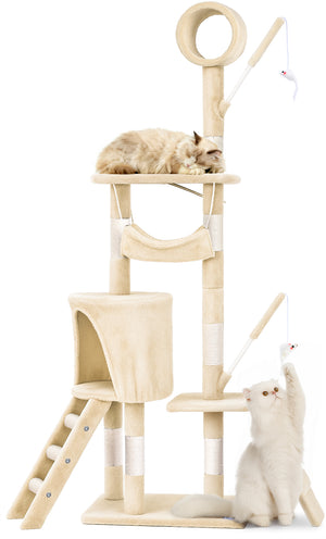 Arbre a chat 155cm multi niveaux Griffoir et niche Beige