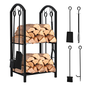 Porte buches cheminee avec 4 outils en metal noir - VOUNOT FR