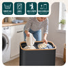 Panier a linge pliable 145L avec sac intérieur cadre bambou et couvercle gris - VOUNOT FR