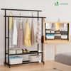 Portant a Vetements double avec roulettes et 2 etageres de rangement 120x40x146cm metal Noir - VOUNOT FR