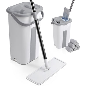 Balai microfibre et Seau Essoreur avec 6 serpillères Réutilisables Balai Plat Double compartiment blanc