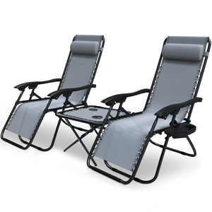 Lot de 2 Chaise longue inclinable en textilene avec table d'appoint porte gobelet et portable gris - VOUNOT FR