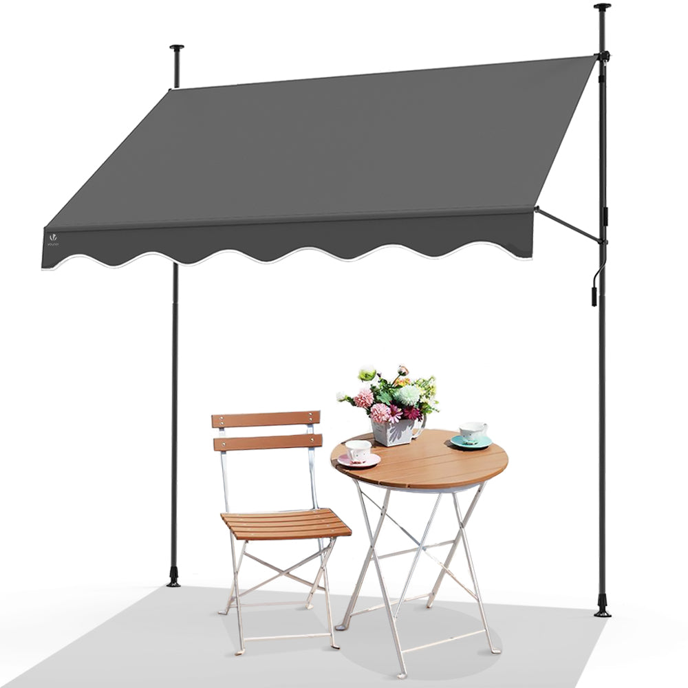 Store banne manuel Vounot gris avec structure télescopique pour ombrager un balcon ou une terrasse